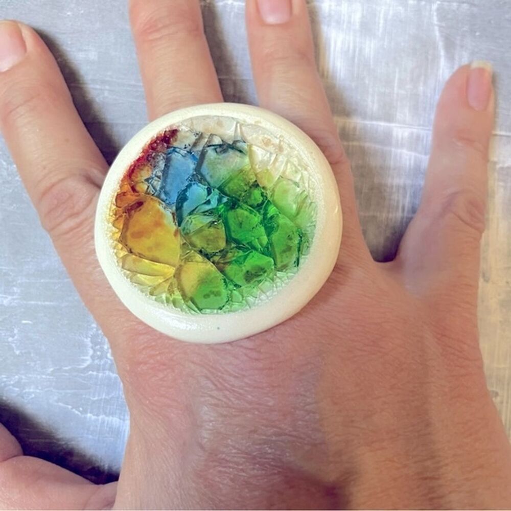 Rainbow Ceramic and Glass Chunky Oversized Statement Ring Handmade Wearable Art‎